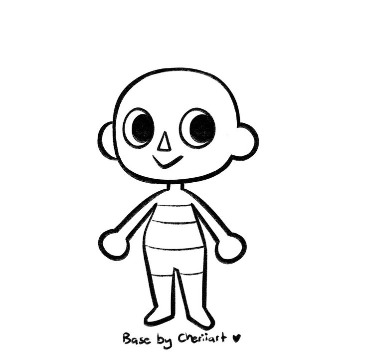 a black and white drawing of a cartoon character with big eyes, wearing striped pants