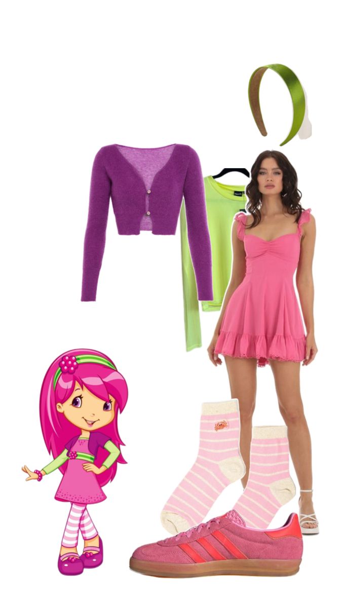 a girl in pink is standing next to some clothes and shoes with her hand on her hip