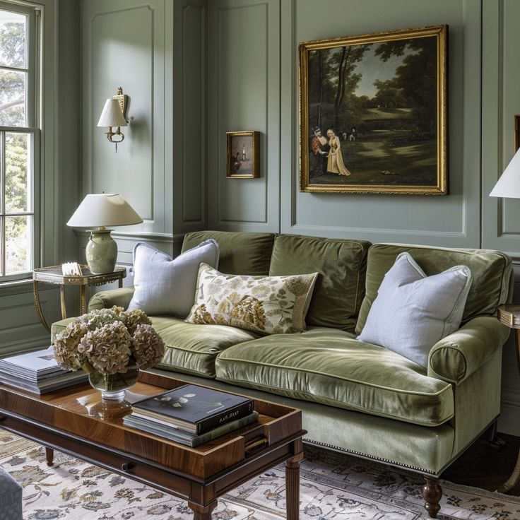 a living room with green walls and furniture