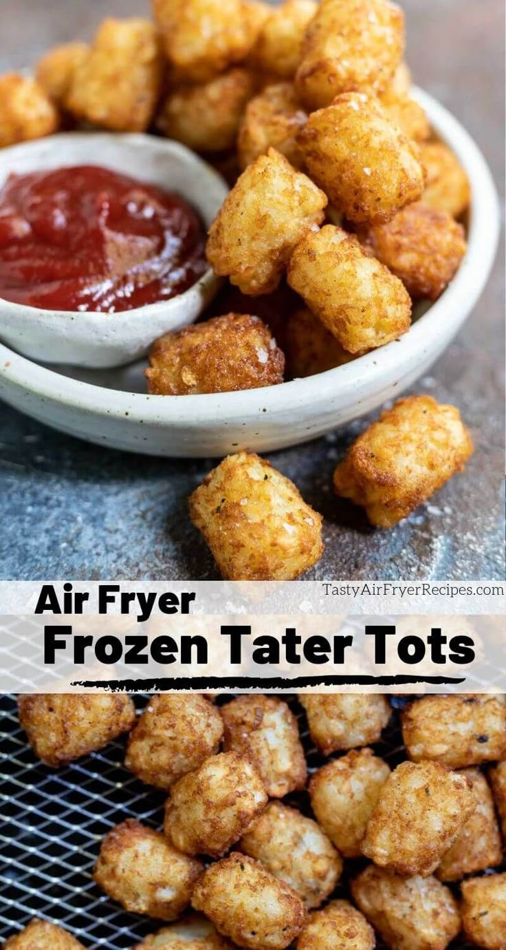 air fryer frozen tater tots with ketchup and sauce in the background