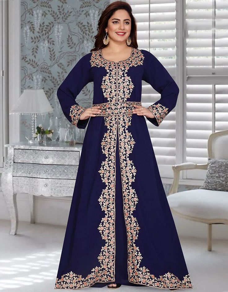 Modest and classy!!😍🔥 Dubai Navy Blue Embroidery Worked Moroccan Kaftan Order Online: https://bit.ly/3VwIRPc Apply Code : BUY3GET4 and Buy 3 get 1 free #kaftan #kaftandress #kaftanstyle #caftan #moroccankaftan #arabicattire #dresses #dress #moroccancaftan Semi-stitched Gold Dress With Floral Embroidery, Designer Gold Long Sleeve Dress, Eid Reception Dress With Gold Embroidery, Gold Long Sleeve Dress For Designer Wear, Long Sleeve Embellished Embroidered Dress For Eid, Embroidered Long Sleeve Dress For Eid, Gold Embellished Long Sleeve Traditional Wear, Embellished Gold Traditional Wear With Long Sleeves, Embellished Traditional Wear With Long Sleeves For Eid