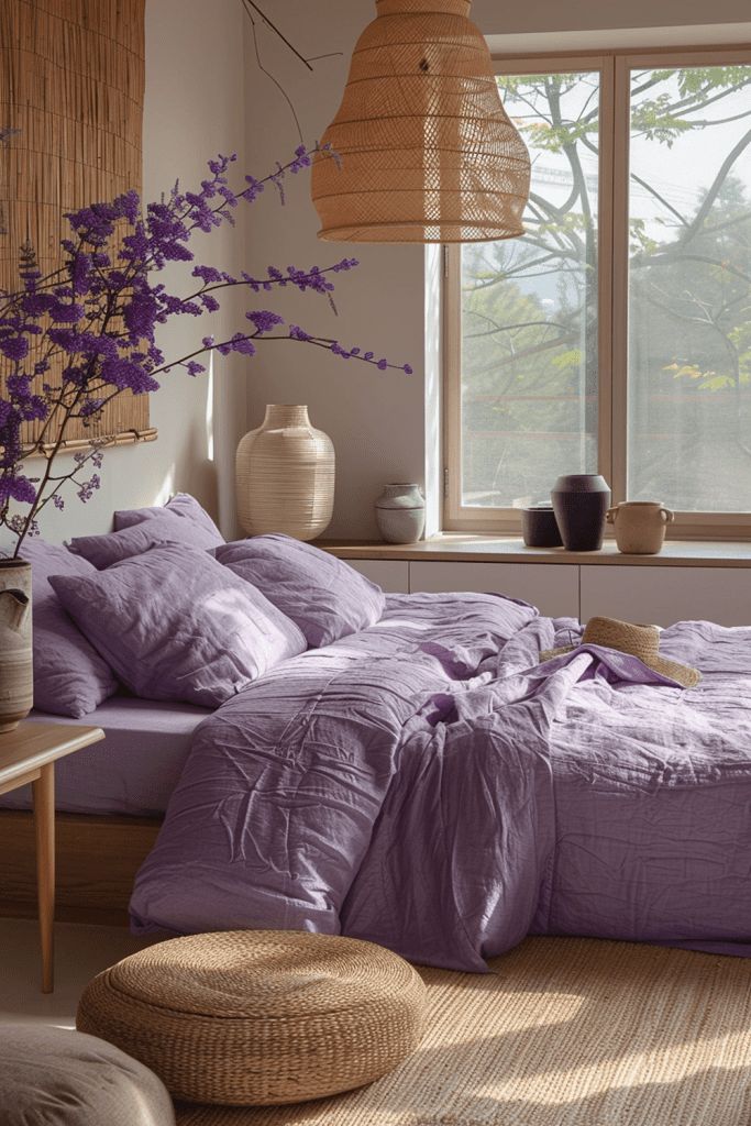 a bed with purple sheets and pillows in a room next to a large window filled with wicker baskets