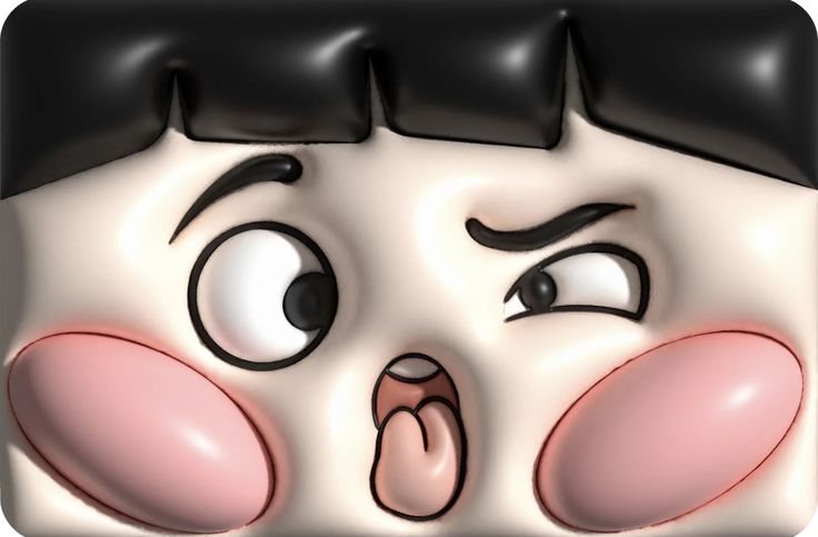 the face of a cartoon character with black hair and pink nose is shown in this image