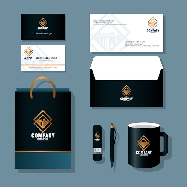 corporate identity design for company with logo, business card and stationery items on blue background