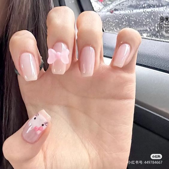 Paznokcie Hello Kitty, Cute Pink Nails, Hello Kitty Nails, Blush Nails, Really Cute Nails, Soft Nails, Cat Nails, Jelly Nails, Kawaii Nails