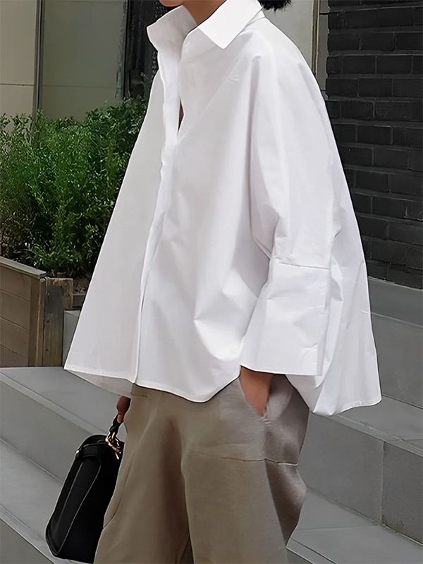 Oversized White Blouse For Workwear, Long Sleeve Loose Blouse, Loose Fitting Tops, Loose Blouse, 가을 패션, Solid Clothes, Collar Blouse, White Shirts, Mode Inspiration