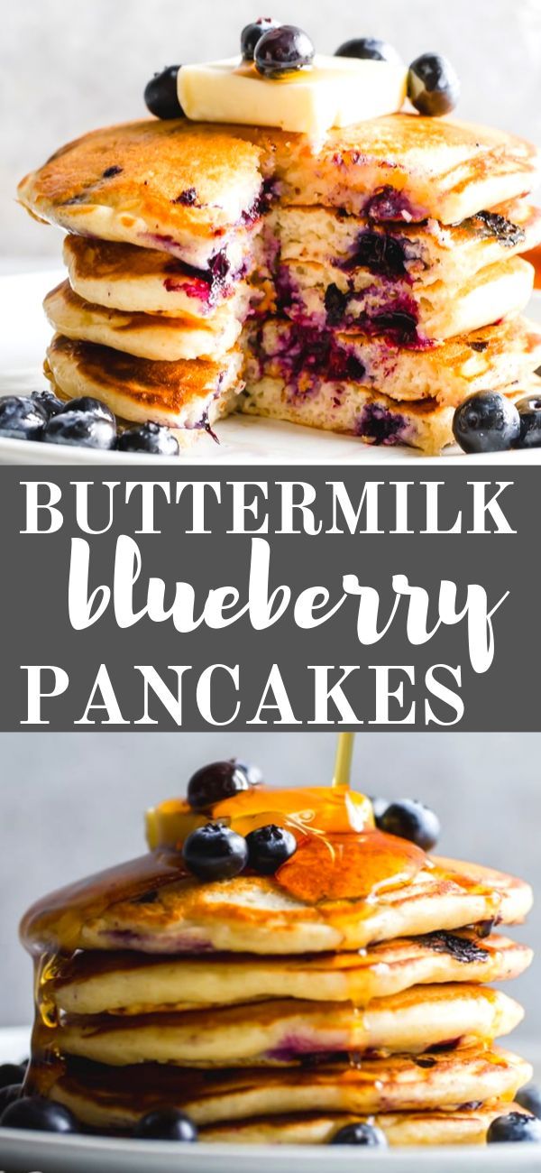 buttermilk blueberry pancakes are stacked on top of each other and topped with fresh blueberries