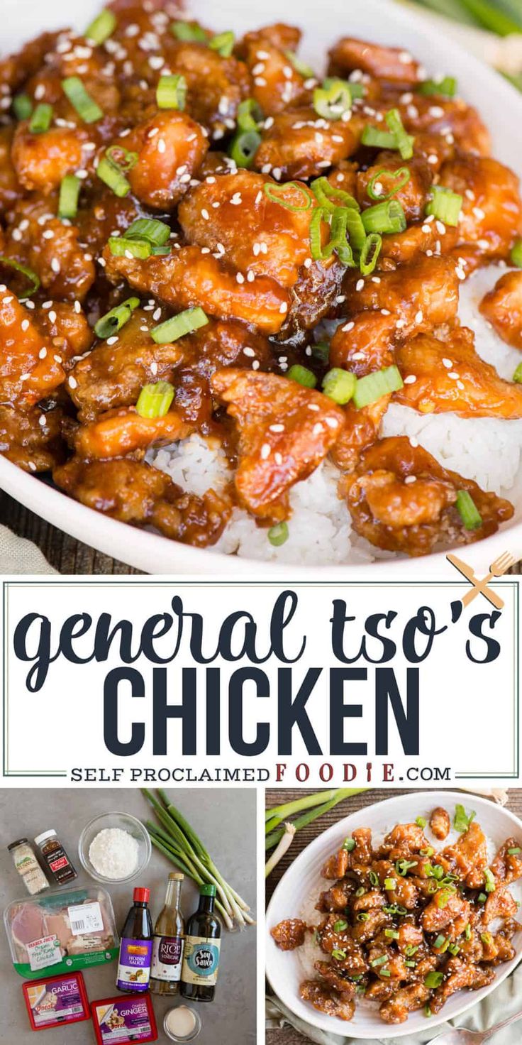 general tso's chicken recipe is shown in this collage