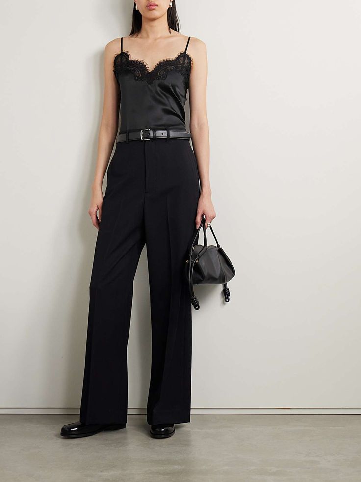 CO Corded lace-trimmed silk-satin camisole | NET-A-PORTER Lace Camisole Outfit, Camisole Outfit, Satin Camisole, Black Camisole, Lace Silk, Corded Lace, Silk Tank Top, Silk Camisole, Lace Camisole