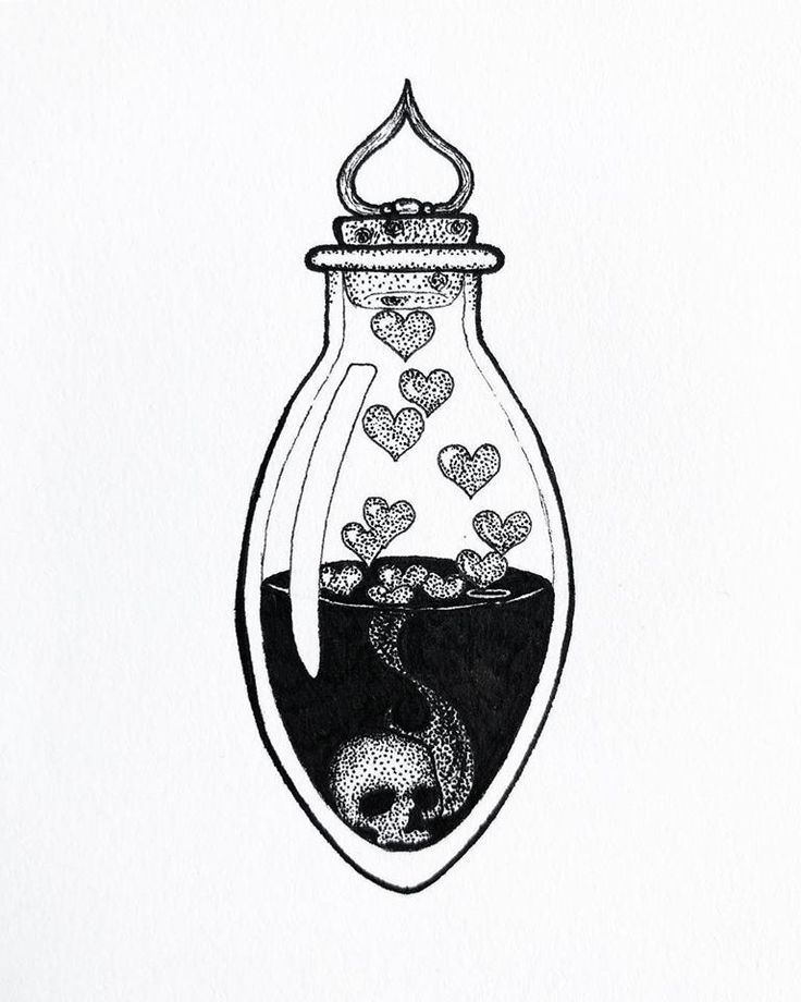 a black and white drawing of a vase filled with water, hearts in the bottom