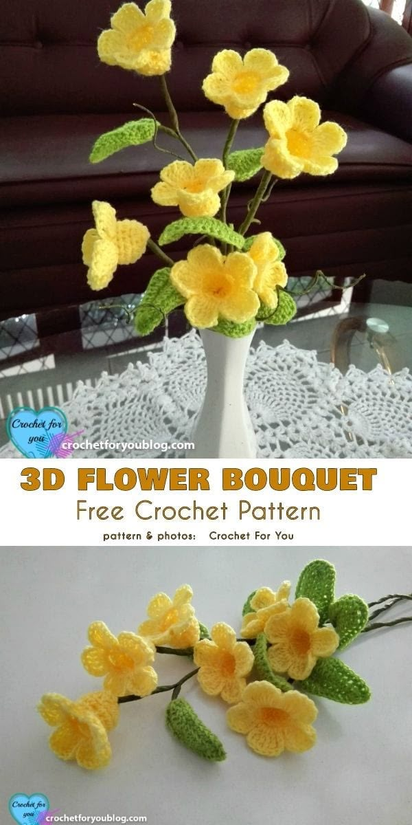 3d flower bouquet free crochet pattern with instructions for beginners to make it