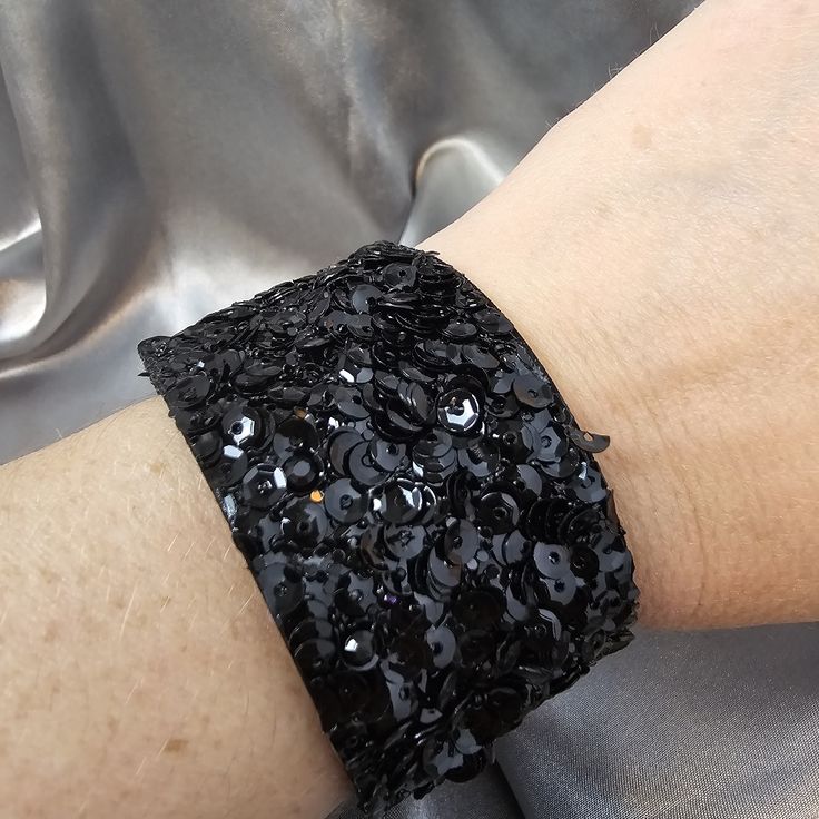 Black Sequins Faux Leather, Soft Wrist Lining Feels Like Suede. Trendy Adjustable Cuff Bracelet For Party, Adjustable Glamorous Cuff Bracelet For Parties, Glamorous Adjustable Cuff Bracelet For Party, Adjustable Glamorous Party Cuff Bracelet, Handmade Bracelets For Party, Handmade Party Bracelets, Glamorous Cuff Bracelet For Party, Trendy Black Party Wristband, Glamorous Party Cuff Bracelet