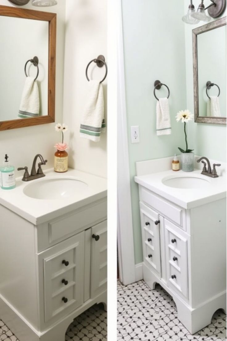 Before and after of a budget-friendly bathroom remodel with painted cabinets and repurposed vanity Budget Bathroom Remodel, Budget Bathroom, Stylish Bathroom, Cost Saving, Small Changes, Hacks Diy, Modern Bathroom Design, Design Planning, Remodel Ideas