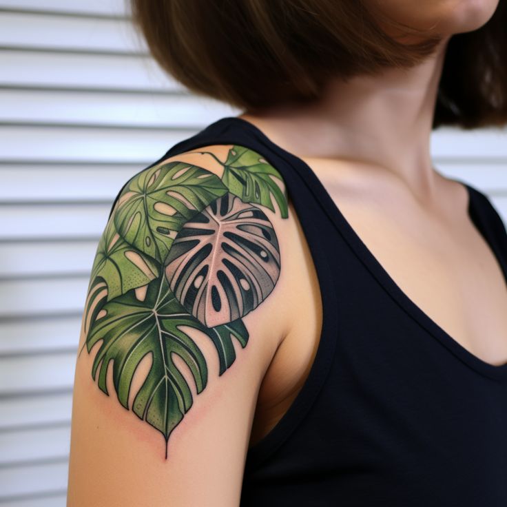 a woman's arm with a green leaf tattoo on the left side of her shoulder