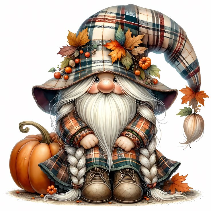 a painting of a gnome sitting on top of a pumpkin and wearing a plaid hat