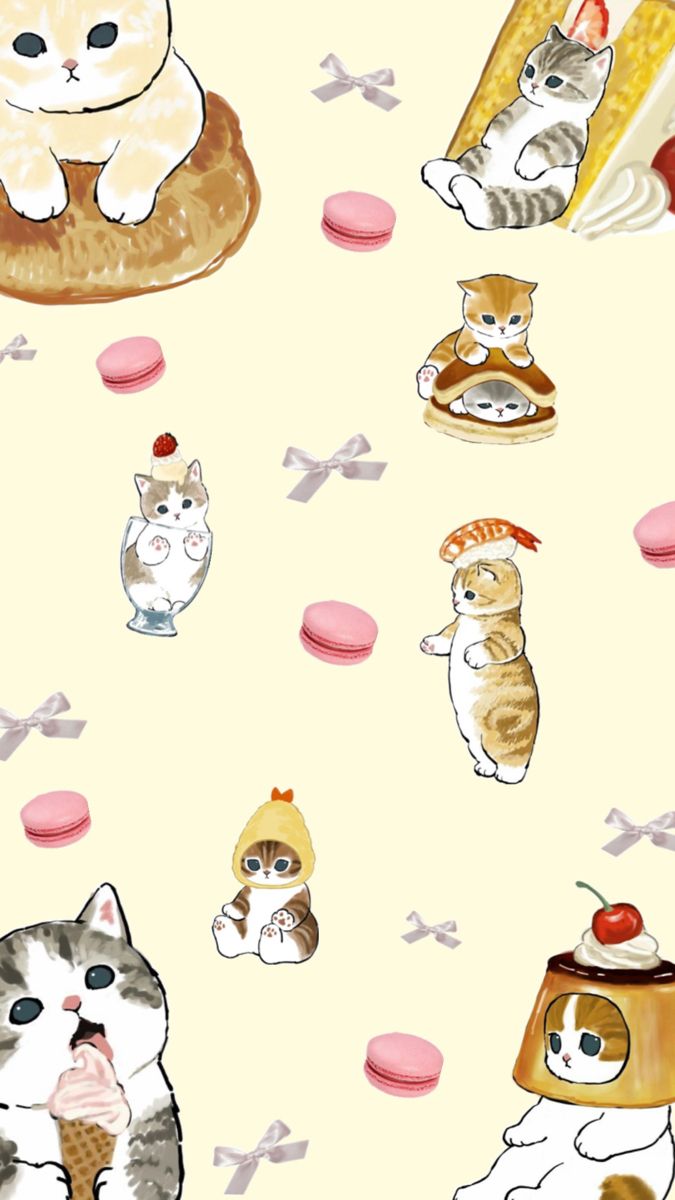 an image of cats and donuts on a white background that is seamed with pastel colors