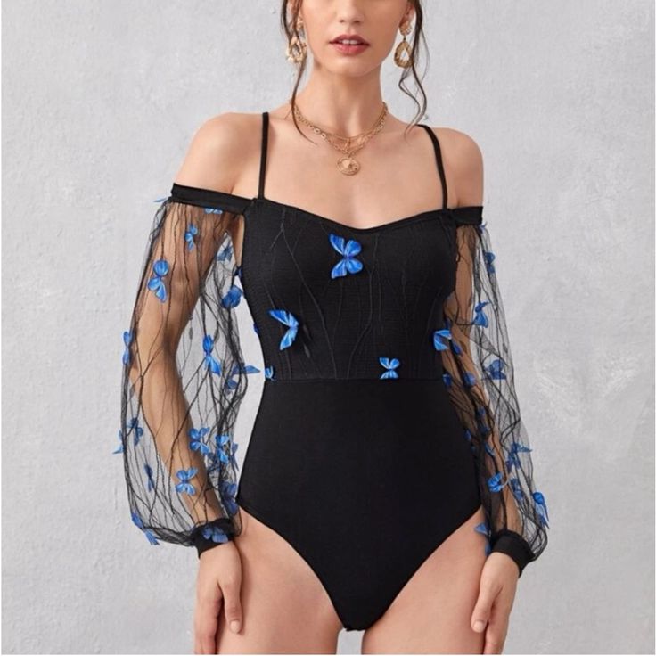 Beautiful Off The Shoulder With Tank Top/Bra Straps Butterfly Bodysuit! Has Never Been Worn. Approx Measurements Pit To Pit 17” Full Length 28” Sleeve Length 21” Across Waist 16”-17” Reposhing This Item I Purchased From @Mohi21. I Love It, Pictured On Model Looks Exact In Person And On But I Knew The Fit Was Hit Or Miss For Me Sadly. Make This Closets Loss Your Gain! Material Is Stretchy And In The Lace/Mesh See-Through Areas Thin. It Is Boutique Nwot. Tried On With Clothes. Butterfly Clothes, Butterfly Applique, Bodysuit Shirt, Comfy Jumpsuits, 3d Butterfly, Mesh Overlay, Mesh Sleeves, Lantern Sleeve, Shein Style