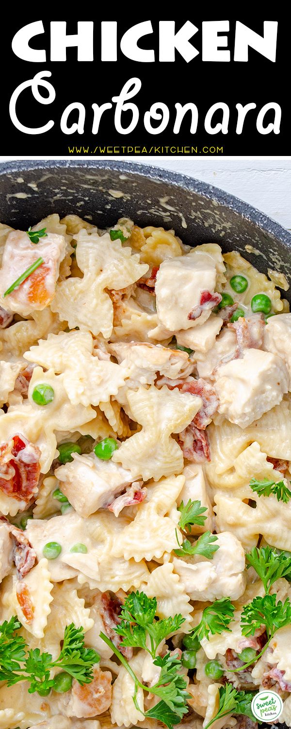 chicken and pasta in a pan with parsley garnish on the side, ready to be eaten