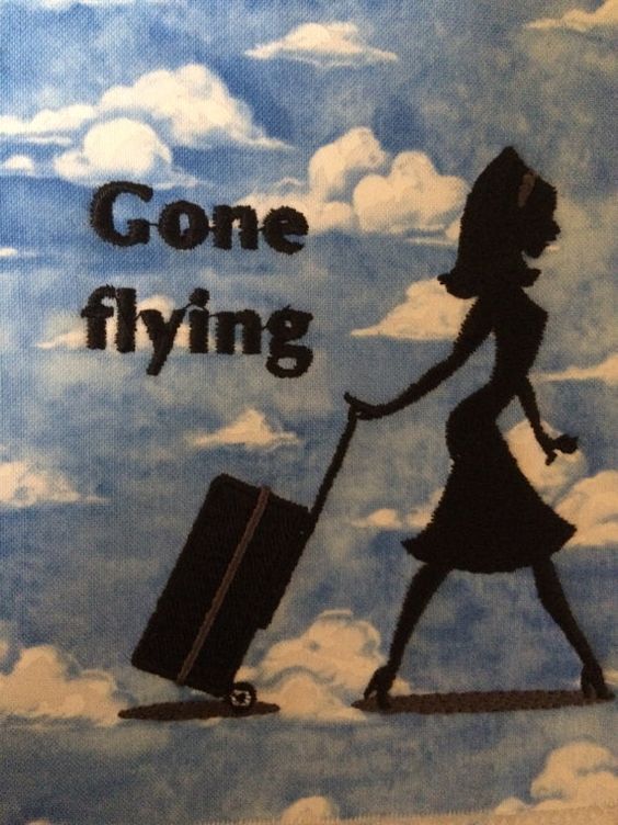 a woman pulling a suitcase with the words gone flying above her and clouds in the background