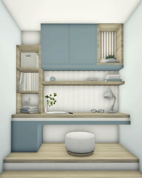 a room with shelves, bookshelves and a stool