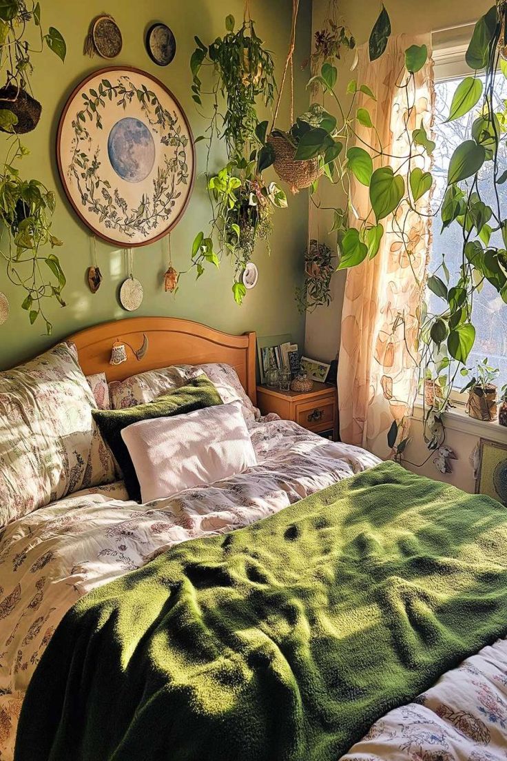 a bedroom with green walls and plants on the wall