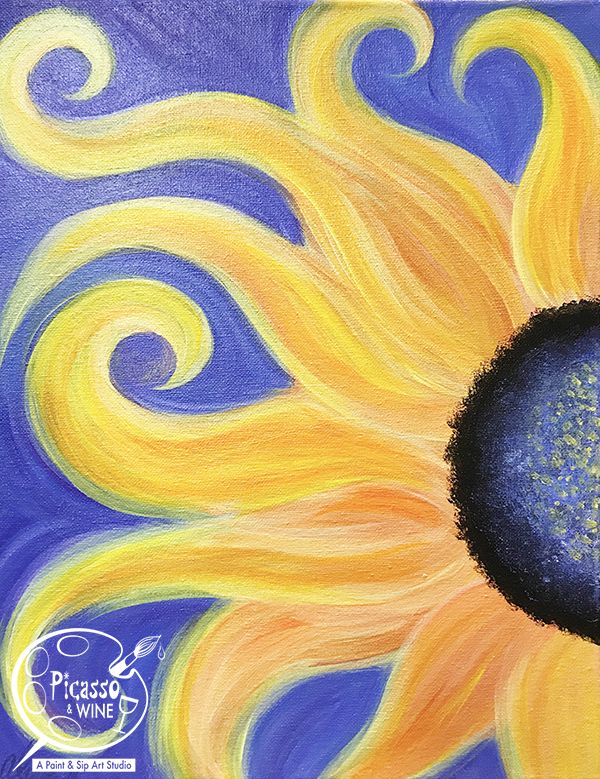 a painting of a sunflower with blue and yellow swirls