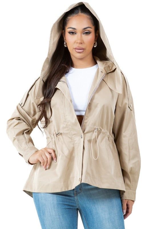 SEXY SHORT TRENCH COAT Wäre Rare Fashion Trendy Khaki Outerwear With Cargo Pockets, Trendy Solid Parka With Detachable Hood, Trendy Hooded Parka, Trendy Solid Color Hooded Parka, Trendy Hooded Solid Color Parka, Trendy Solid Parka With Pockets, Beige Spring Parka With Pockets, Khaki Hooded Outerwear With Cargo Pockets, Khaki Hooded Windbreaker With Cargo Pockets