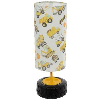 a lamp that is sitting on top of a wooden base and has construction vehicles on it