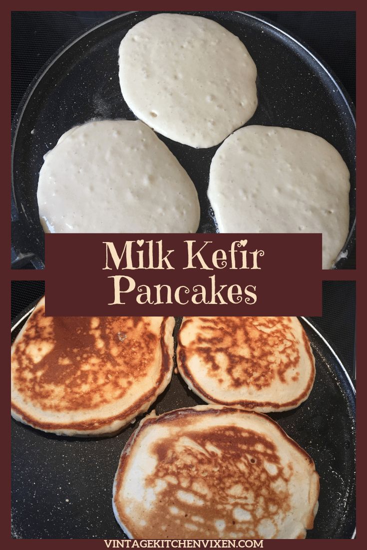 four pancakes are being cooked in a skillet with milk kefir pancakes on the side