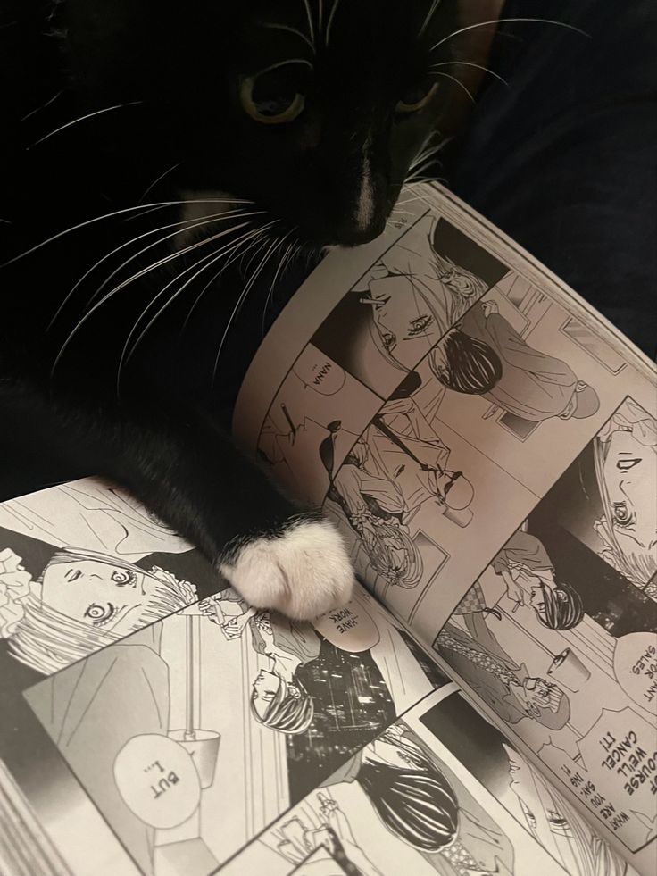 a black and white cat laying on top of an open comic book next to it's pages