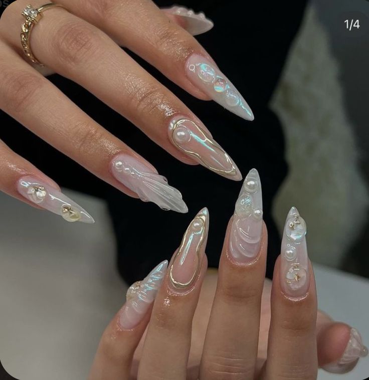 White Jelly Nails, Gel X Nail Designs, 3d Chrome Nails, Nail Designs 3d, Almond Acrylic Nails Designs, Gel X Nail, 3d Chrome, Almond Acrylic, Angel Nails