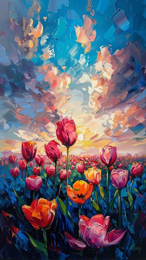 an oil painting of red tulips in a field with blue sky and clouds