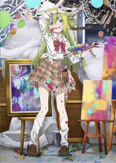 a girl is standing in front of an easel with paint and brushes on it