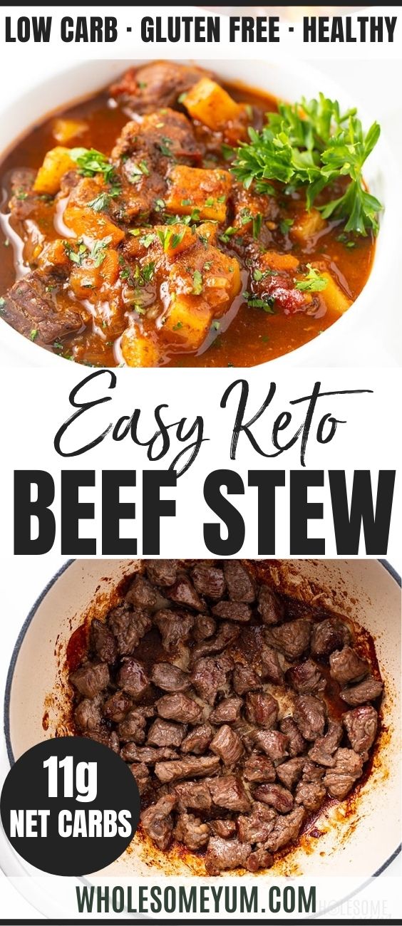 easy keto beef stew recipe with text overlay