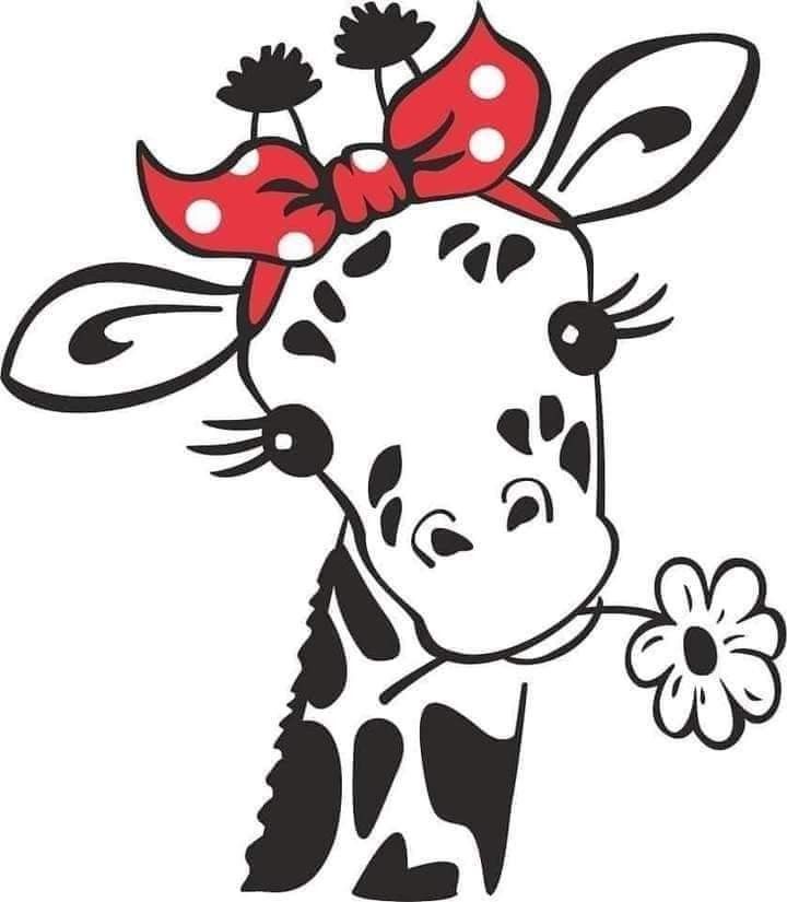 a drawing of a giraffe with a bow on it's head and a flower in its mouth