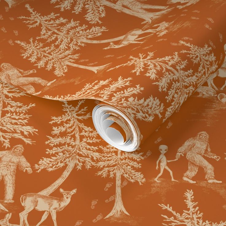 an orange wallpaper with animals and trees on it