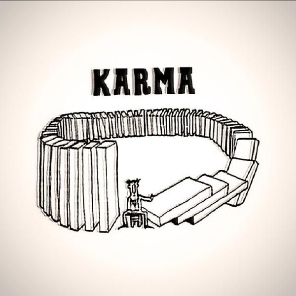 a drawing of a person sitting on a couch in front of a wall that says karma