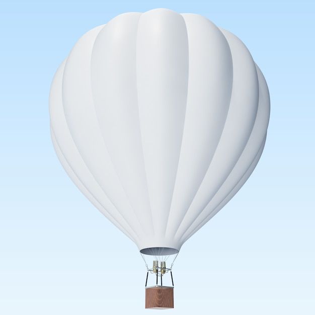 a large white hot air balloon flying in the sky with a small wooden block attached to it