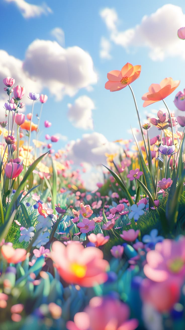 a field full of flowers with clouds in the background