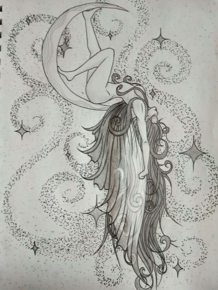 a drawing of a woman sitting on the moon with stars around her head and hair blowing in the wind