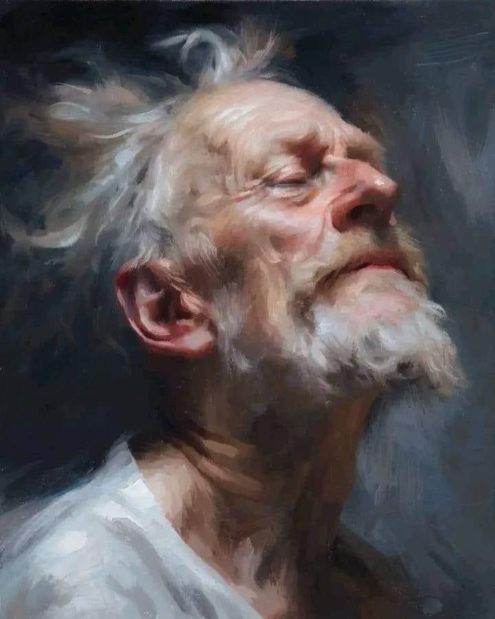 a painting of an older man with white hair and beards looking up to the sky