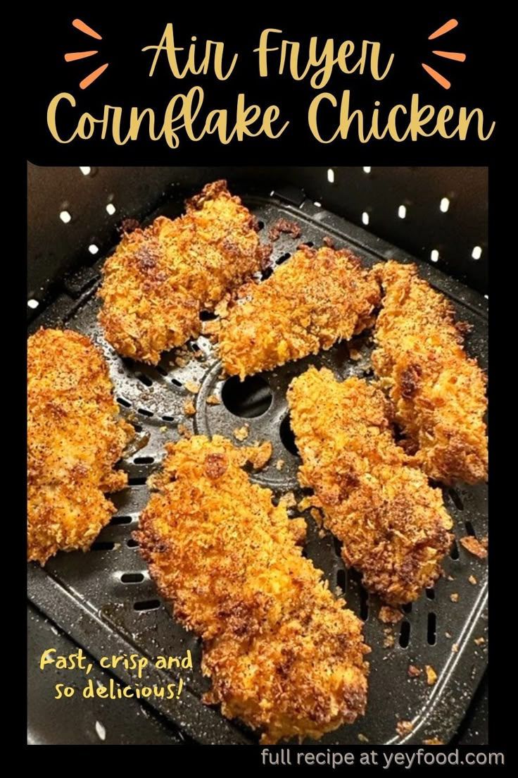 fried chicken in an air fryer with text overlay