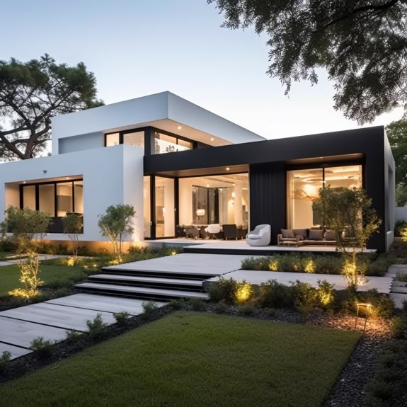 Black White House Aesthetic, Modern White And Black House, Modern White Mansion, White Modern Mansion Exterior, Black Modern House Exterior Luxury, Modern Black And White House, Black And White Home Aesthetic, Black And White Modern House, Black Contemporary House