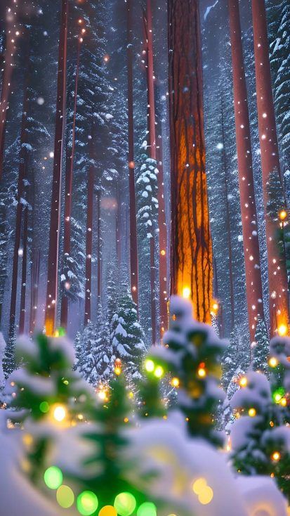 a christmas tree in the middle of a snowy forest with lights on it's branches