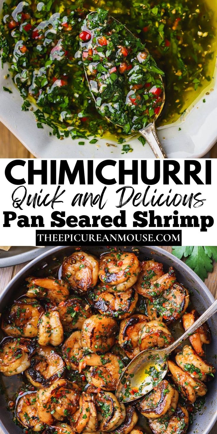 grilled shrimp and greens in a pan with text overlay that reads chimichurri quick and delicious