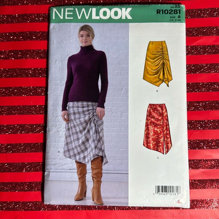 a woman's skirt and top sewing pattern from the new look book, featuring an image of a woman wearing boots