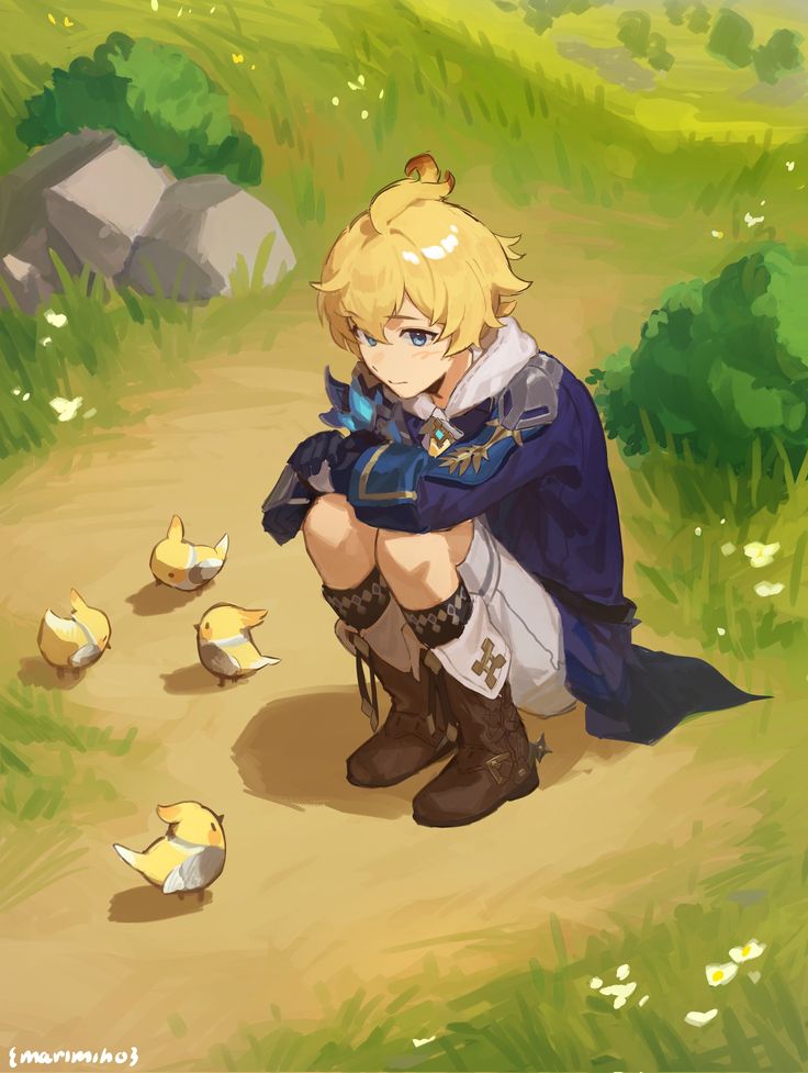 an anime character sitting on a path surrounded by chicks