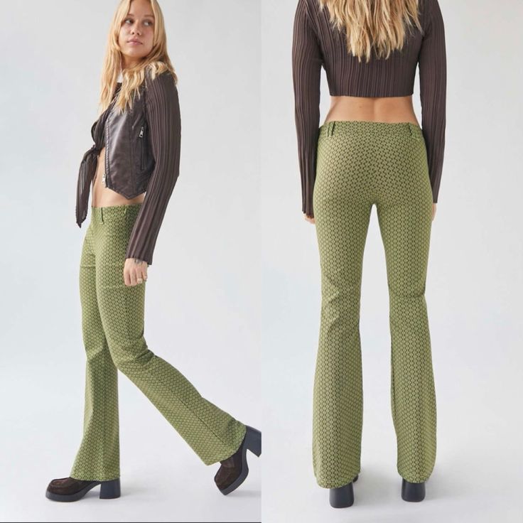 Urban Outfitters Eva Flare Pants, Brand New! Zips On The Side, Light Flare, And Fun Green Pattern. 76% Viscose, 21% Nylon, 3% Elastane. Size 2. Retail $59 Please Read Policy Before Buying #Uo #Urbanoutfitters #Pants #Pattern Retro Stretch Bottoms With Pockets, Urban Outfitters Stretch Bottoms For Fall, Urban Outfitters High Waist Bottoms For Spring, Spring Retro Stretch Wide Leg Pants, Retro Stretch Wide Leg Pants For Spring, Trendy Urban Outfitters Bottoms For Workwear, Fitted Green Bottoms For Spring, Trendy Stretch Bottoms From Urban Outfitters, Urban Outfitters High Waist Bottoms For Fall