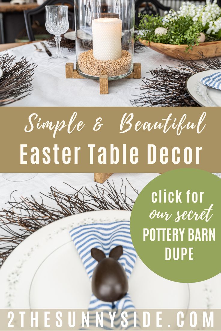 an easter table decorated with white and blue striped napkins