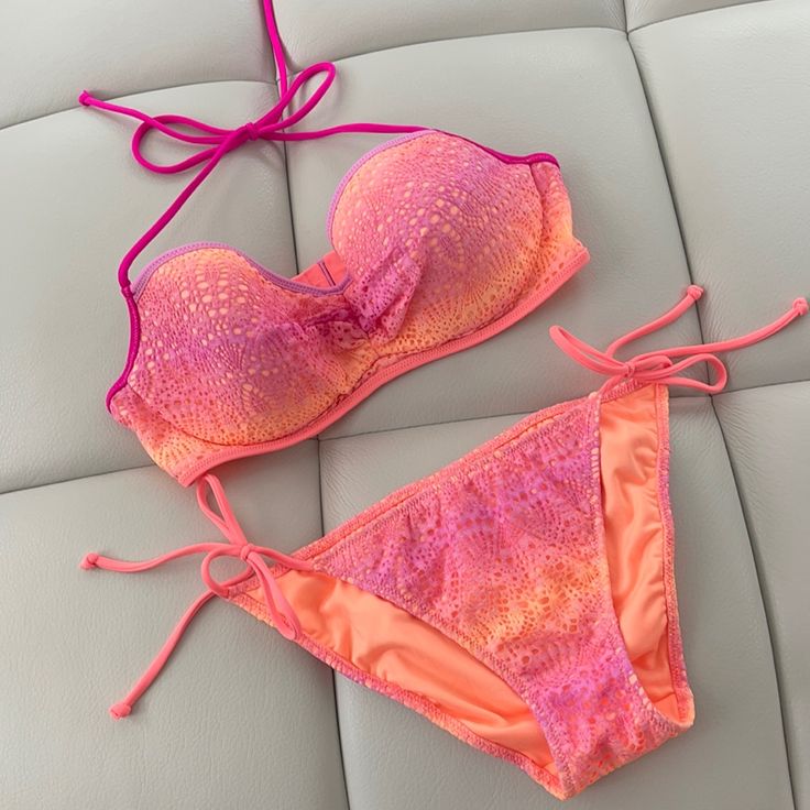 Very Cute Victoria’s Secret Bikini! One Of My Favorites. Nwot Ombr Lace Fades From Orange To Pink. Tie Side Bottoms. Top Can Be Worn With Or Without The Hot Pink Ties (Tuck In), And Is Ruched In Front. Top Is Underwire With Shaped Cups. Hook Back Closure. Top Is 34c And Bottom Size Small. Pink Tie-side Tankini For Pool, Pink Stretch Tankini For Party, Pink Triangle Top Tankini For Party, Pink Beachwear Tankini For Party, Pink Tankini With Tie-side Bottom For Sunbathing, Pink Tankini For Sunbathing With Tie-side Bottom, Victoria's Secret Pink Fitted Swimwear, Pink Fitted Tankini With Tie-side Bottom, Fitted Pink Tankini With Tie-side Bottom